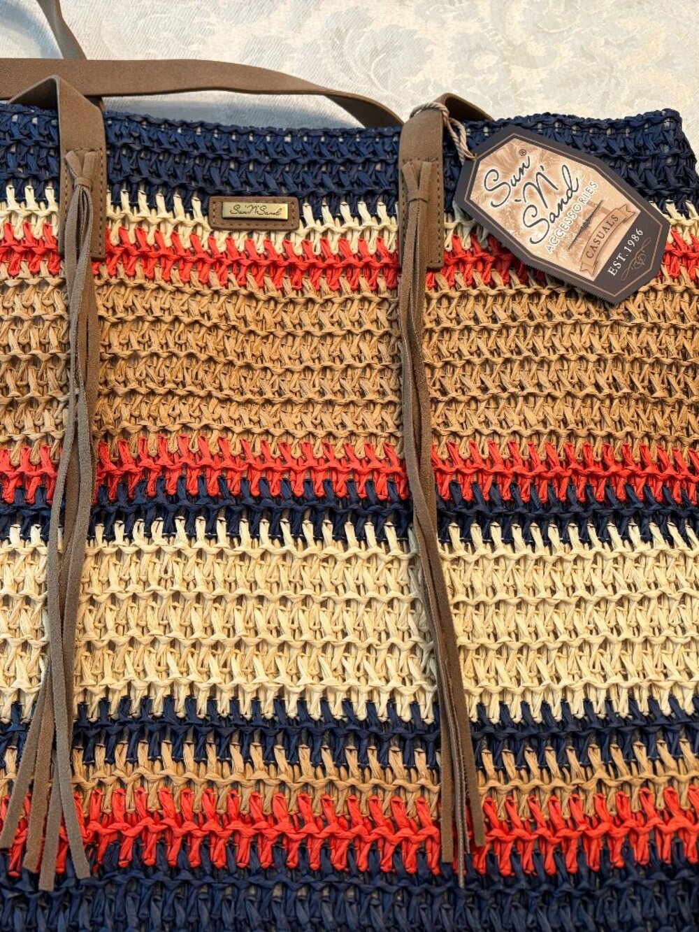 Sun 'N Sand Beach Tote Navy Red Tan Large 15" x 14" Straw W/Tassel Handles New